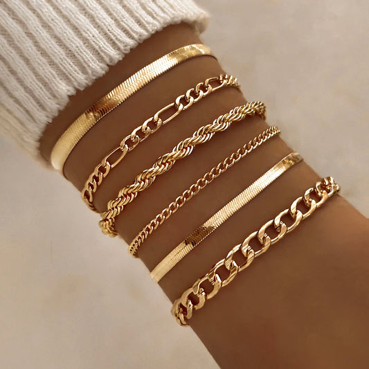 Punk Style Bracelet Set | Edgy Hollow Chain Metal Cuffs for Women | 6-Piece - Lylamor.com