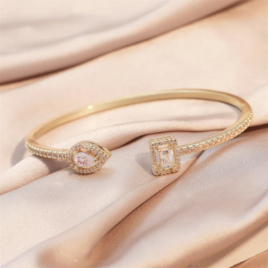 Luxury Geometric Cuff Bangle | Gold-Tone Cubic Zirconia Bracelet for Women - Lylamor.com