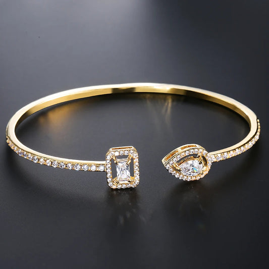 Luxury Geometric Cuff Bangle | Gold-Tone Cubic Zirconia Bracelet for Women - Lylamor.com