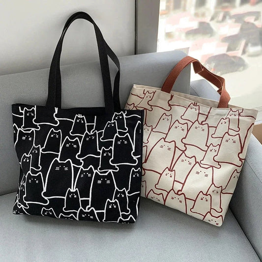 Japanese Cartoon Cat Tote Bag - Cute Canvas Shopper Handbag for Women & Girls - Lylamor.com