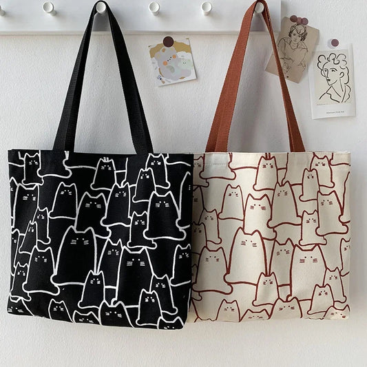 Japanese Cartoon Cat Tote Bag - Cute Canvas Shopper Handbag for Women & Girls - Lylamor.com