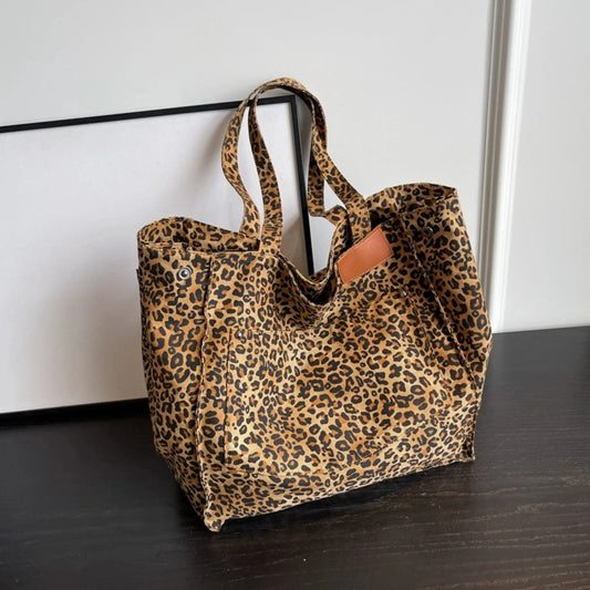 Leopard Print Canvas Tote Bag – Large Capacity Retro Shoulder Bag for School, Work & Shopping - Lylamor.com