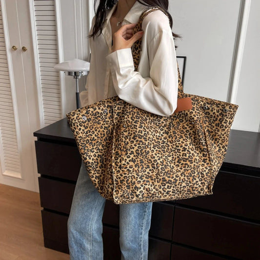 Leopard Print Canvas Tote Bag – Large Capacity Retro Shoulder Bag for School, Work & Shopping - Lylamor.com