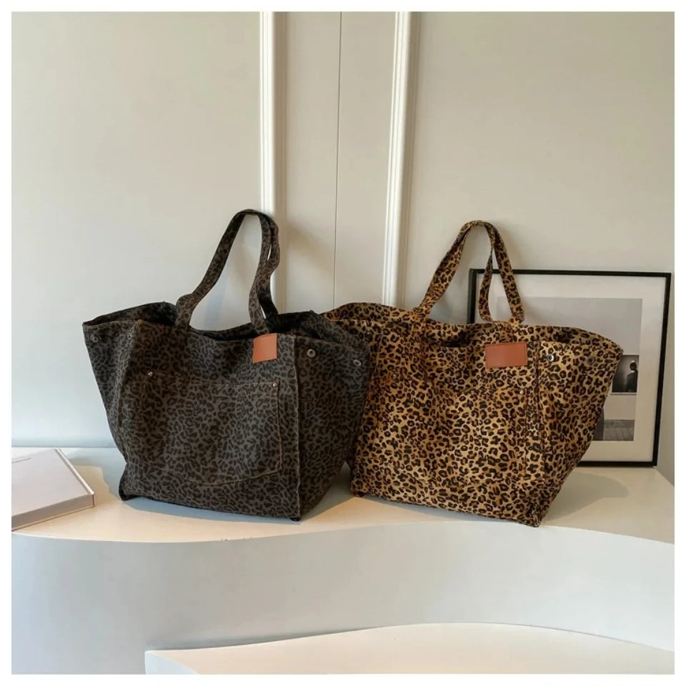 Leopard Print Canvas Tote Bag – Large Capacity Retro Shoulder Bag for School, Work & Shopping - Lylamor.com