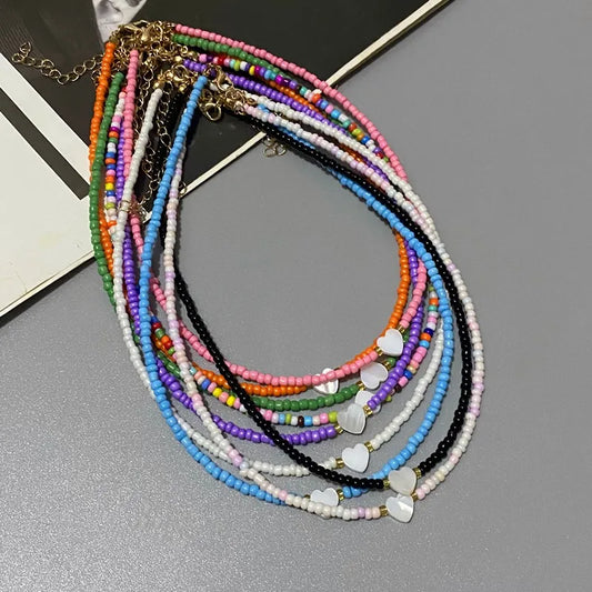 Nature-Inspired Shell & Heart Choker Necklace - Colorful Glass Beads Spring/Summer Jewelry Gift - Lylamor.com