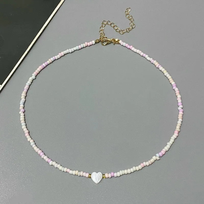Nature-Inspired Shell & Heart Choker Necklace - Colorful Glass Beads Spring/Summer Jewelry Gift - Lylamor.com