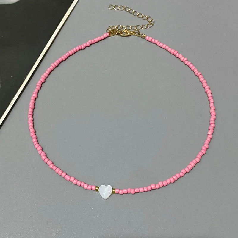 Nature-Inspired Shell & Heart Choker Necklace - Colorful Glass Beads Spring/Summer Jewelry Gift - Lylamor.com