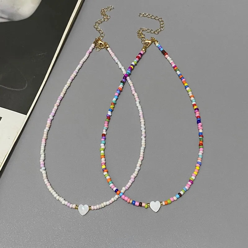 Nature-Inspired Shell & Heart Choker Necklace - Colorful Glass Beads Spring/Summer Jewelry Gift - Lylamor.com