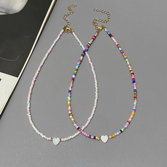 Nature-Inspired Shell & Heart Choker Necklace - Colorful Glass Beads Spring/Summer Jewelry Gift - Lylamor.com