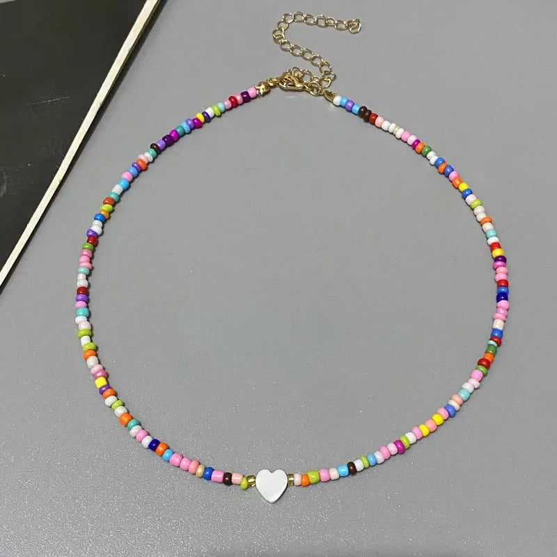 Nature-Inspired Shell & Heart Choker Necklace - Colorful Glass Beads Spring/Summer Jewelry Gift - Lylamor.com