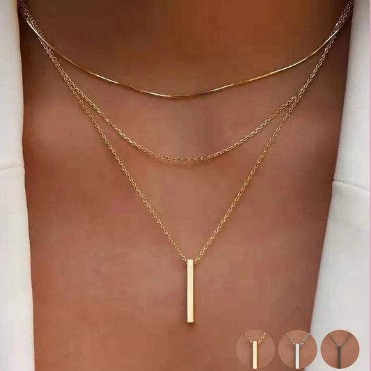 Vintage Layered Bar Necklace | Gold Rectangle Pendant Clavicle Chain for Women - Lylamor.com