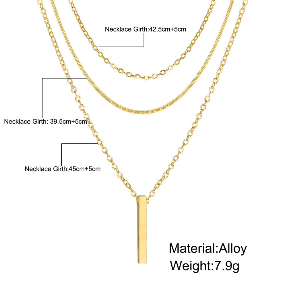 Vintage Layered Bar Necklace | Gold Rectangle Pendant Clavicle Chain for Women - Lylamor.com