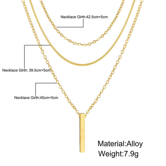 Vintage Layered Bar Necklace | Gold Rectangle Pendant Clavicle Chain for Women - Lylamor.com