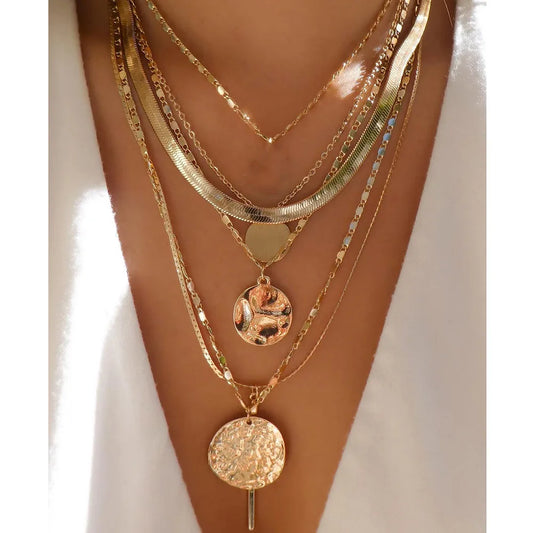 Vintage Multi-Layer Disc Necklace | Trendy Gold Pendant Set for Women - Lylamor.com