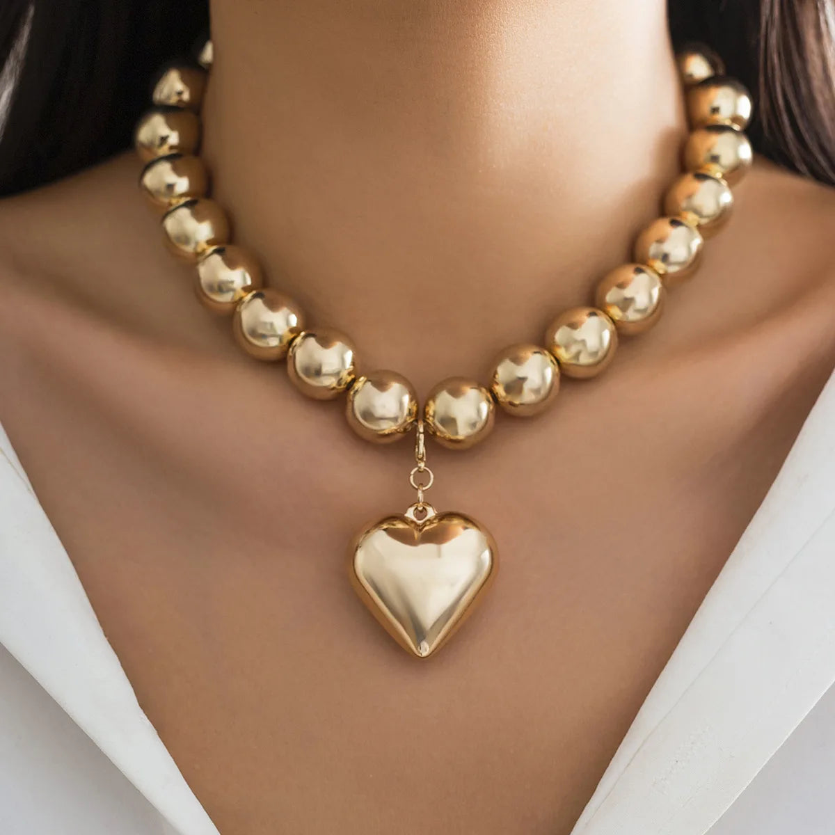 Trendy CCB Ball Beaded Heart Pendant Choker Necklace - 2025 Fashion Jewelry for Women - Lylamor.com
