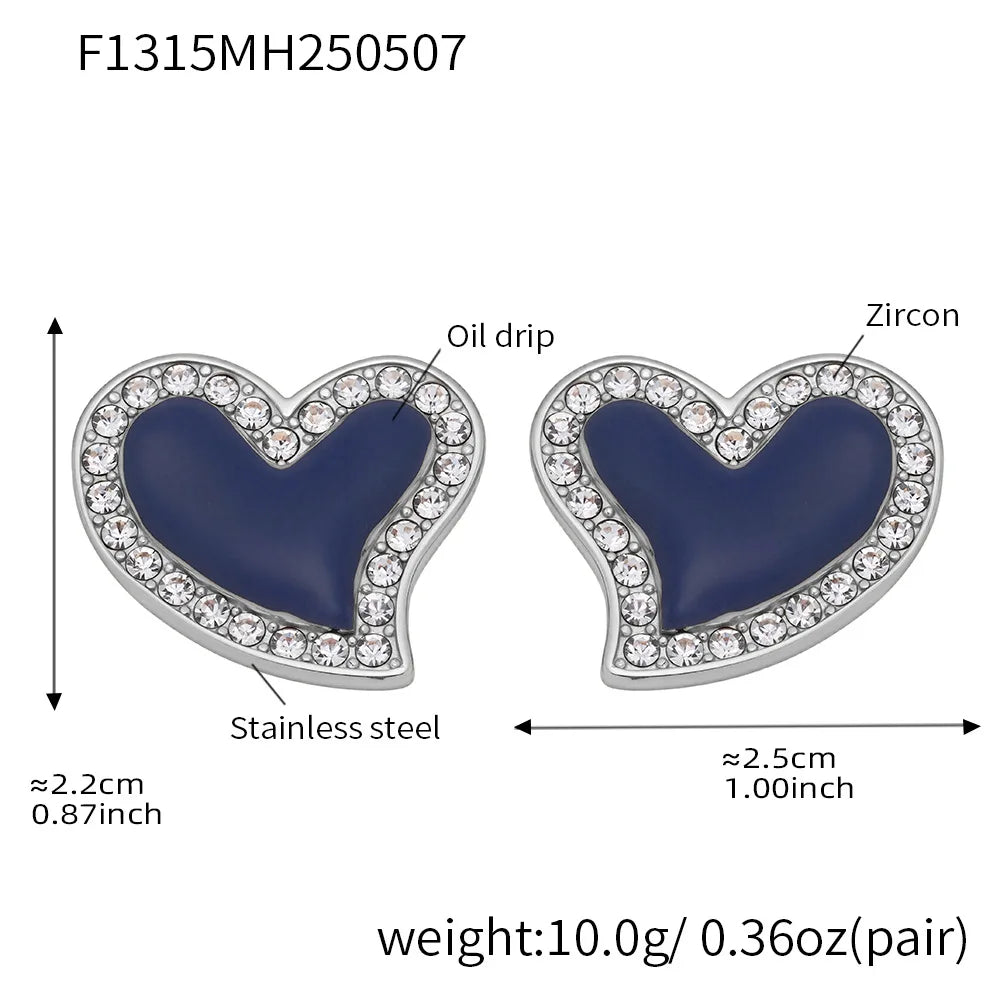 316 Stainless Steel Heart Earrings - Gold Plated Zircon & Blue Enamel Studs - Lylamor.com