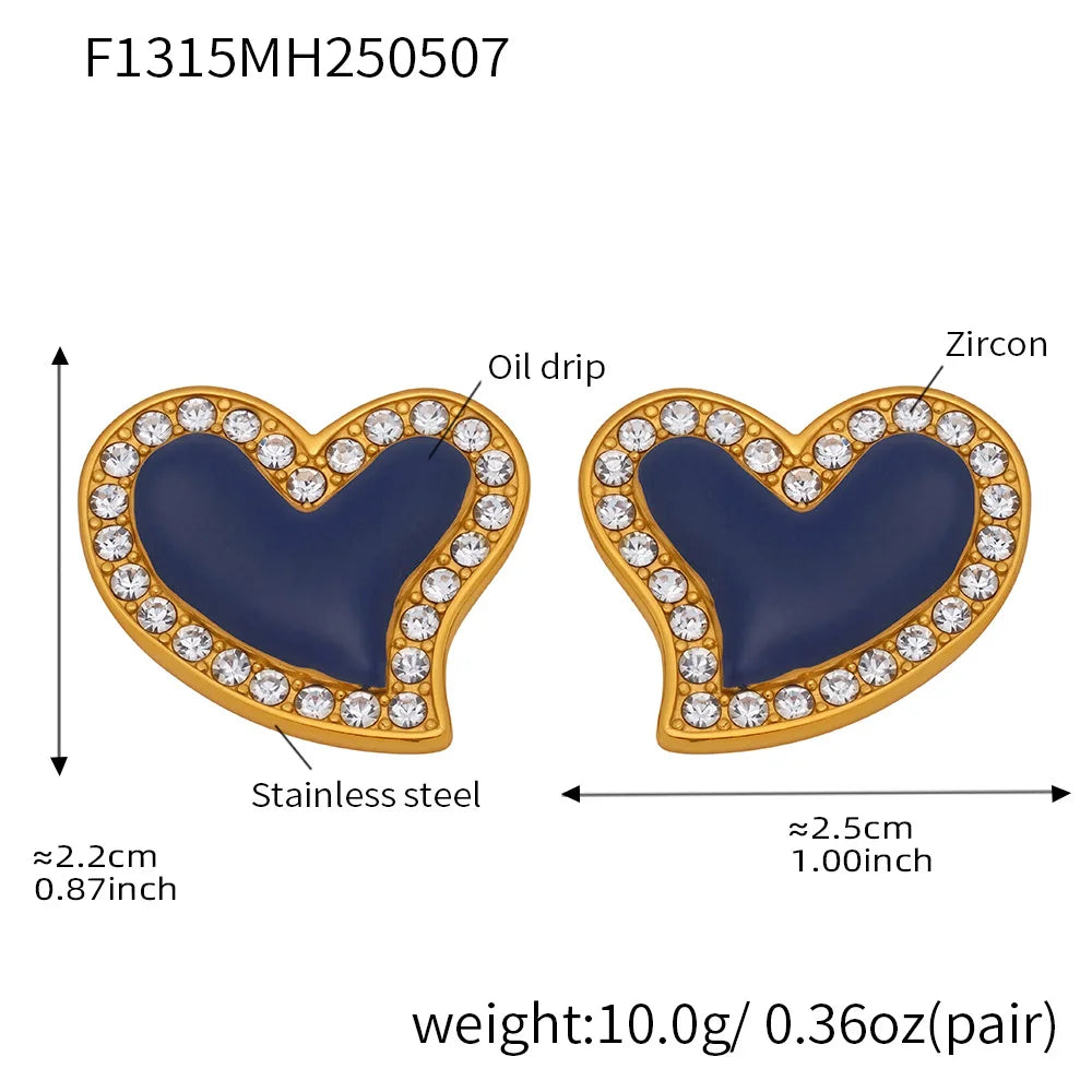 316 Stainless Steel Heart Earrings - Gold Plated Zircon & Blue Enamel Studs - Lylamor.com