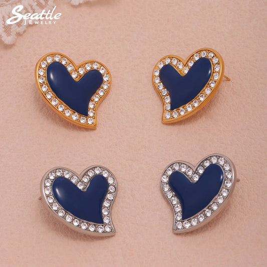 316 Stainless Steel Heart Earrings - Gold Plated Zircon & Blue Enamel Studs - Lylamor.com