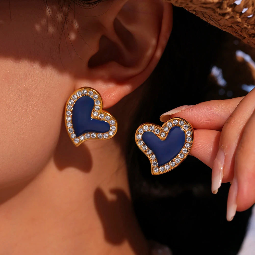 316 Stainless Steel Heart Earrings - Gold Plated Zircon & Blue Enamel Studs - Lylamor.com