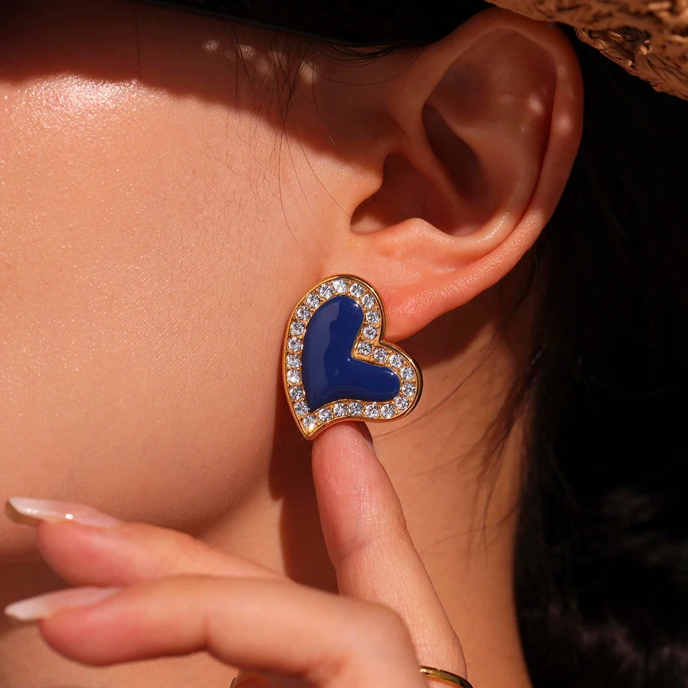 316 Stainless Steel Heart Earrings - Gold Plated Zircon & Blue Enamel Studs - Lylamor.com