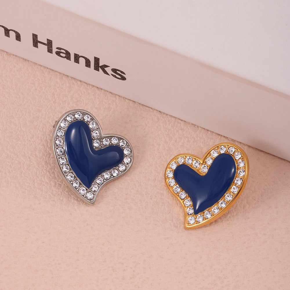 316 Stainless Steel Heart Earrings - Gold Plated Zircon & Blue Enamel Studs - Lylamor.com