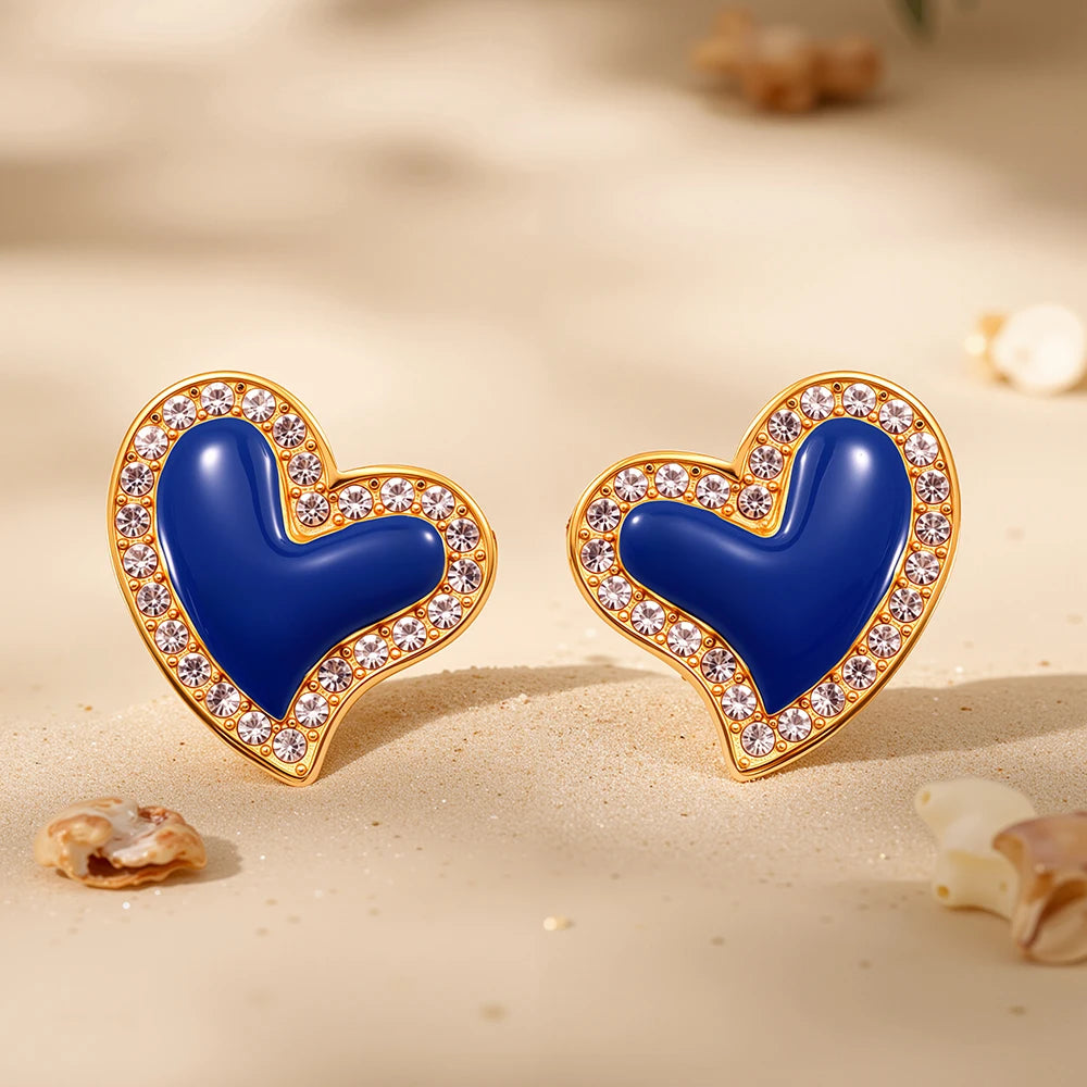 316 Stainless Steel Heart Earrings - Gold Plated Zircon & Blue Enamel Studs - Lylamor.com