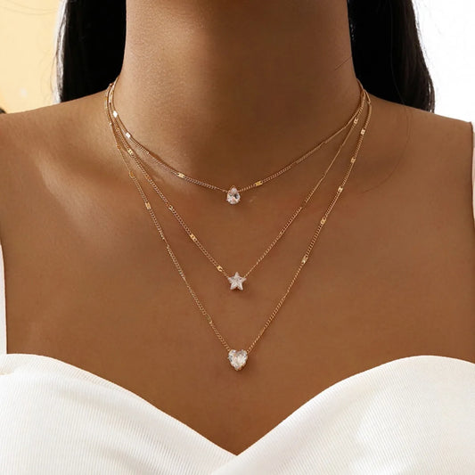 Multi Layer Star & Heart Necklace | Alloy Water Drop Pendant Collarbone Chain - Lylamor.com